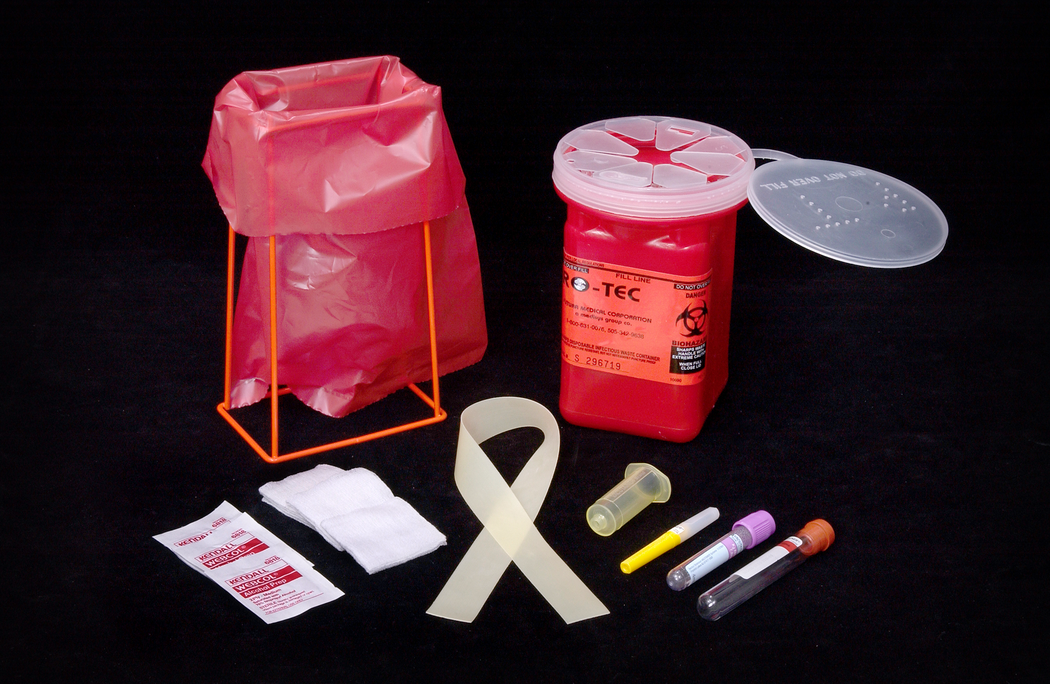 Paraphernalia and steps to be followed when a trained phlebotomist obtains a blood sample by way of a venipuncture, using the contents of a Vacutainer® kit. Courtesy of the Public Health Image Library, Centers for Disease Control and Prevention.